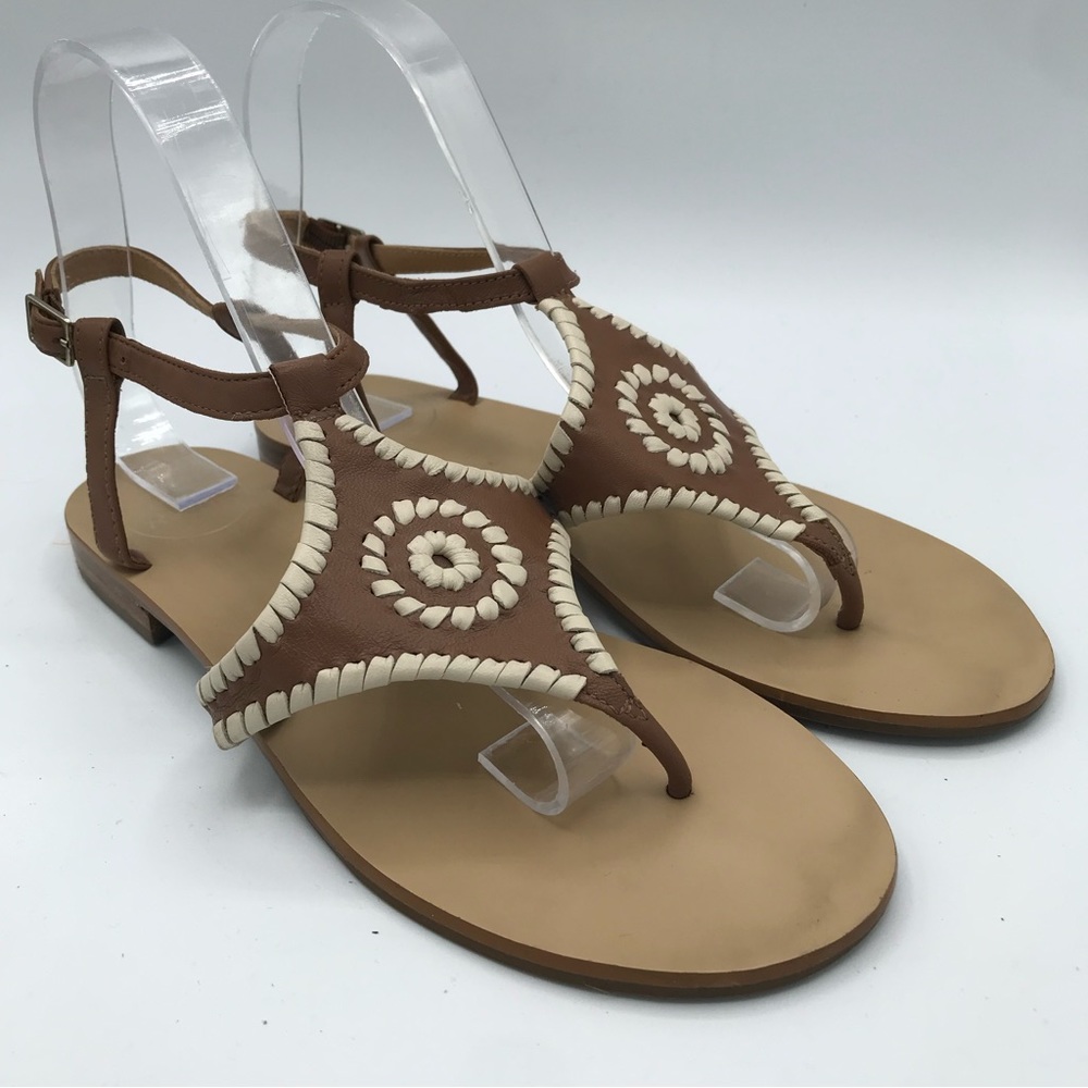 Jack Rogers Maci Sandals Whipstitch Ankle Strap Tan Brown White Women’s Sz 8 EUC